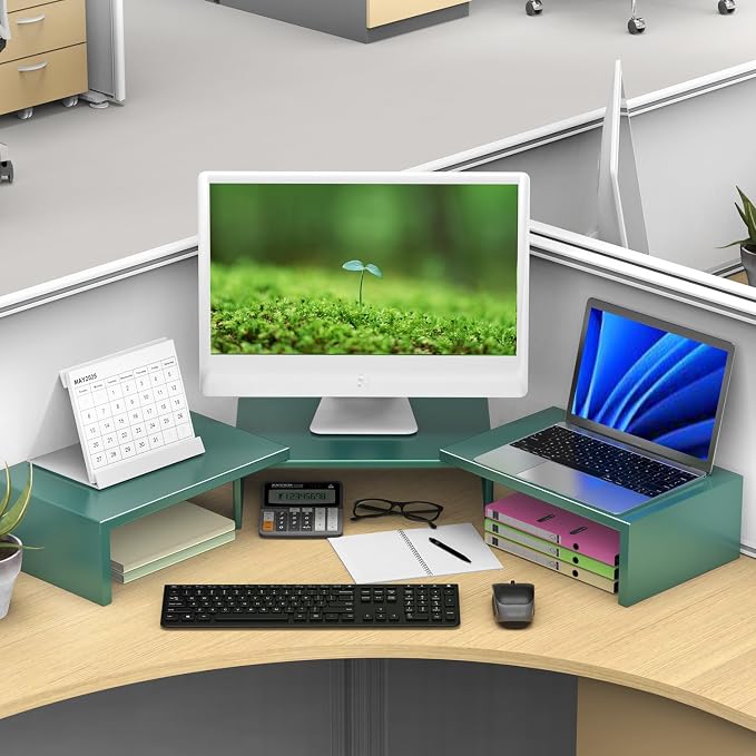 Dual Monitor Stand for Desk, Metal Computer Stand, Desk Shelf Riser,Desktop Organizer for Home and Office Use (Green) - Image 5