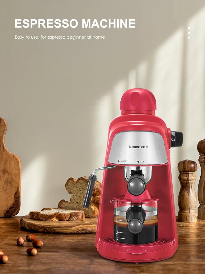 Ihomekee Espresso Machine, 3.5Bar Espresso and Cappuccino Machine | Preheating Function, 4 Cup Coffee Maker with Milk Frothing Function and Steam Wand (Red) - Image 2