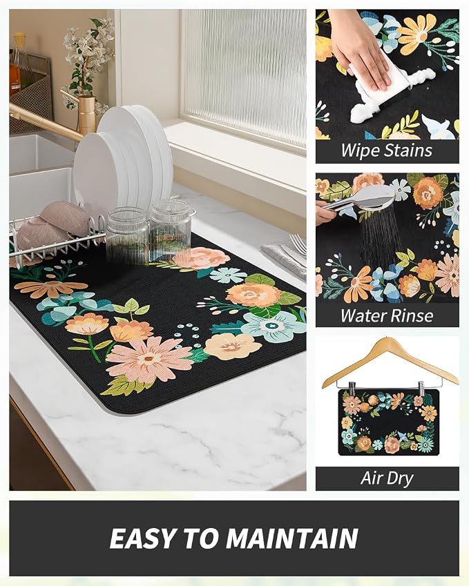 AMOAMI Coffee Mat Hide Stain Rubber Backed Absorbent Dish Drying Mat for Kitchen Counter - Fits Under Coffee Maker or Machine - Floral BLACK 17x31.5 - Image 3