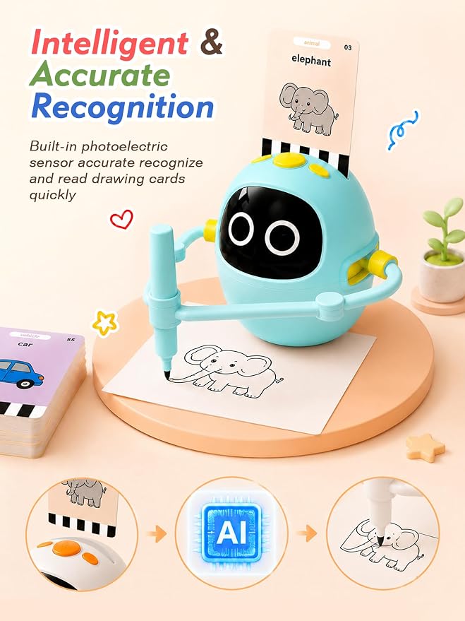 Kikapabi Drawing Robot Toys for Kids, 220 Flash Cards Gift for 3-8 Years Old Boys Girls, Montessori Doodle Art Painting with Voice Interactive for Beginners, Birthday (Blue) - Image 3