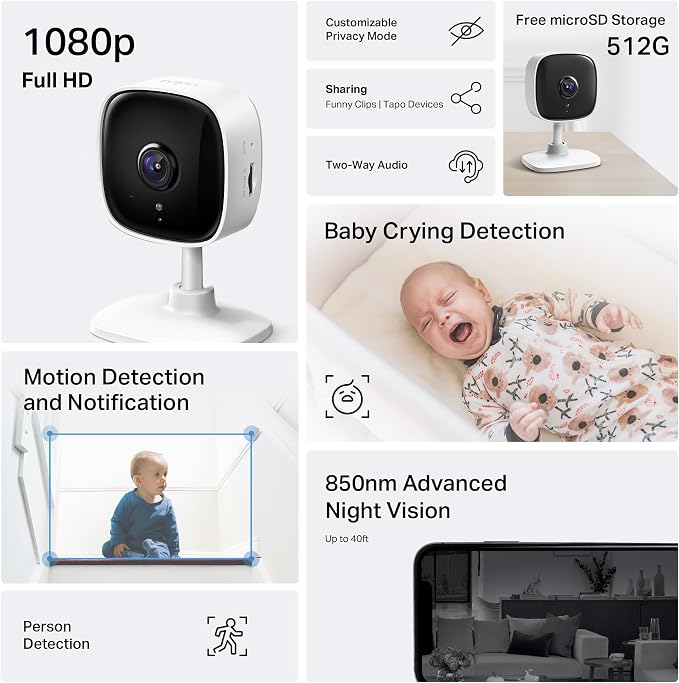 Tapo 1080P Indoor Wired Security Camera - Works as a Baby & Pet Monitor, Motion Detection, 2-Way Audio, Siren, Night Vision, Subscription-Free Local or Optional Cloud, Works with Alexa, C100(4-Pack) - Image 2