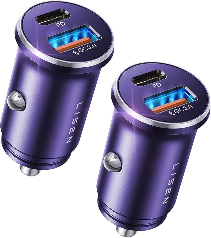 LISEN USB C Car Charger Adapter [2 Pack] [Mini & Metal] Cigarette Lighter USB Charger Fast Charging [PD QC 3.0] USBC Car Phone Charger for iPhone 15 Pro Max Plus 14 Samsung Galaxy S23 iPad Pro, Purple | Cigarette Lighter Charger, USB C Car Charger Fast... by Lisen