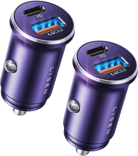 LISEN USB C Car Charger Adapter [2 Pack] [Mini & Metal] Cigarette Lighter USB Charger Fast Charging [PD QC 3.0] USBC Car Phone Charger for iPhone 15 Pro Max Plus 14 Samsung Galaxy S23 iPad Pro, Purple | Cigarette Lighter Charger, USB C Car Charger Fast... by Lisen