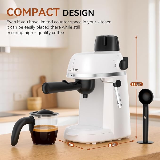 XIXUBX Compact Espresso & Cappuccino Machine, 3.5 Bar with Steam Wand | 800W Fast Heating, Safety Lock & Tritan Cup, One-Touch 4-Cup Brewing & Powerful Steam for Latte, White for Home & Office - Image 7