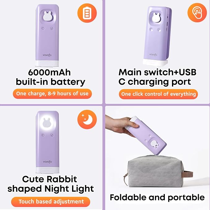 VAVOFO Cute Bunny Desk Lamp, Foldable LED Rechargeable Table Light, Eye-Caring Reading Lamp, 3 Color Modes & Dimmable, for Kids Girls Bedroom Study Dorm Room（Purple） - Image 8