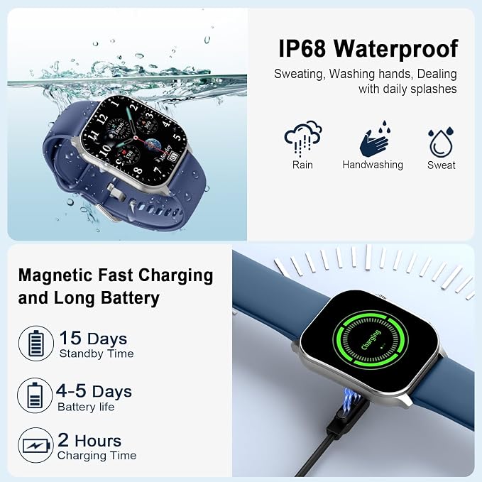 Smart Watch for Men, 2.01" AMOLED Curved HD Screen Smart Watch, Fitness Tracker with 24/7 Heart Rate/Sleep Monitor, IP68 Waterproof Running Watch, Compatible with iOS & Android for Daily Workout Blue - Image 4