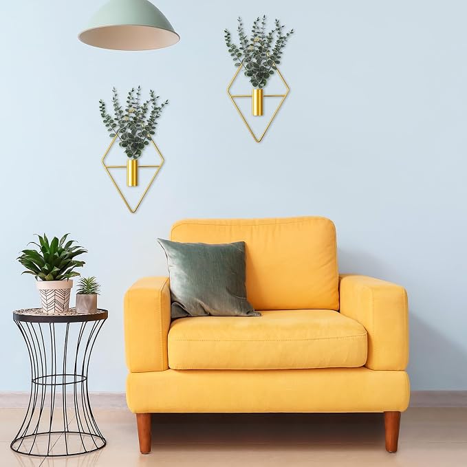 Jexine 8 Pcs Hanging Planters with Artificial Eucalyptus Metal Hanging Vase Indoor Plants Holder Modern Geometric Boho Bathroom Wall Decor for Living Room Home Office (Eucalyptus,Gold) - Image 4