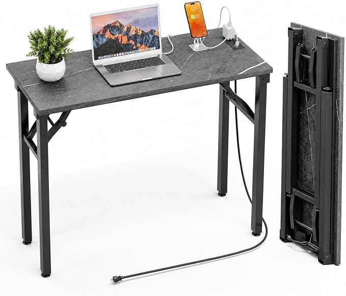 Folding Table Computer Desk - 35.8" No Assembly Folding Desk with Power Outlets & USB Charging Port, Small Desk, Foldable Office Desk, Compact Storage Portable Use for Small Space, Marble Greige by HMFOR