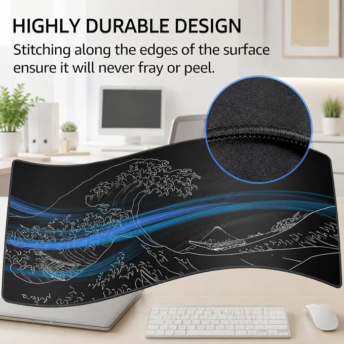 KTRIO Large Gaming Mouse Pad, Desk Mat, 31.5 x 11.8 in, Kanagawa Wave, XL | Smooth Micro-Weave Surface, Artistic Pattern Design, Non-Slip Rubber Base, Durable Stitched Edges, Office & Home Use - Image 3