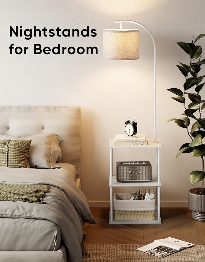PARTPHONER Floor Lamp with Table, Night Stand with Lamp, Narrow Side Table with 3CCT LED Bulb, Small Coffee Table, Modern End Table with Storage Shelves for Living Room Bedroom Home Décor, White - Image 8