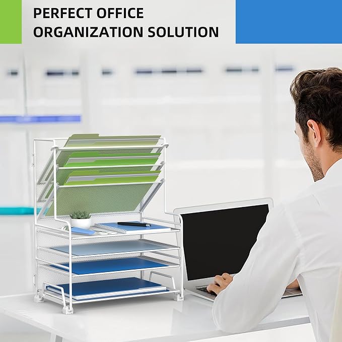 MINDEPOT 4-Tier Paper Organizer + 3-Pocket File Holder + Drawer + Pen Holders, Desktop File Organizers Paper Tray for Office Supplies School Classroom Organization (White, no Drawer & Pen Holder) - Image 5