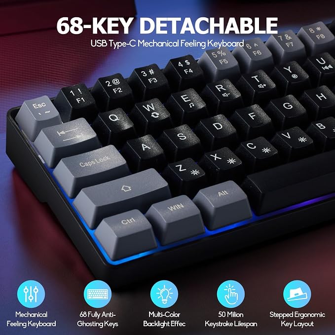 Guiheng Wired Portable 60% Mechanical Feeling Gaming Keyboard,RGB LED Backlit Compact 68 Keys Mini Wired Office Keyboard for Windows Laptop PC Mac Gamer, Typist, Travel on Business Trip Black–Grey - Image 7
