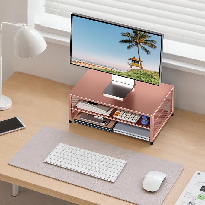 ECOLOVI 2-Tier Computer Monitor Stand Riser, Desk Organizer for Monitor, Printer & Laptop Stand, Desktop Workspace Organizers for Office Supplies(Rose Gold) - Image 6