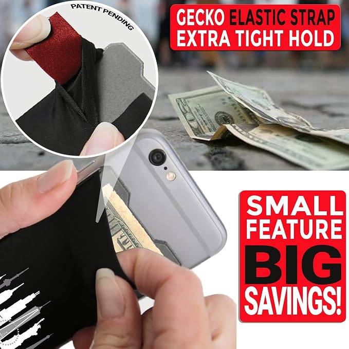 Gecko Travel Tech Double Pocket - Adhesive Card Holder - Cell Phone Pouch - Stick on Spandex Pocket - Carry Credit Cards and Cash (Cityscape) - Image 9