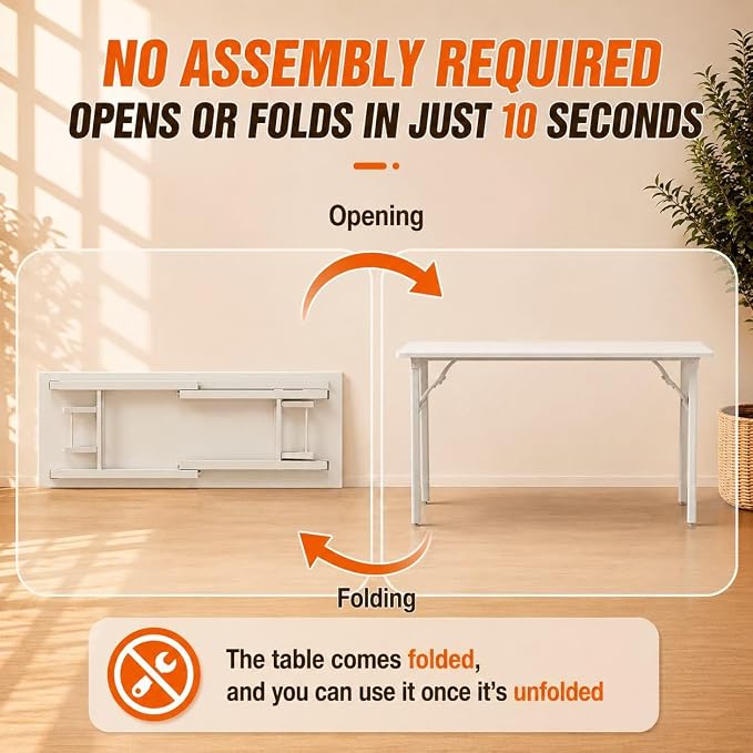 Folding Table Computer Desk - 55.1" No Assembly Folding Desk Design and Foldable Office Desk, Small Desk for Bedroom, Compact Storage Portable Use for Dorm and RV Small Space, White Ash - Image 4