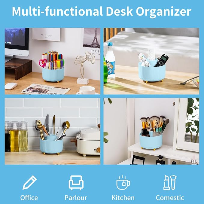 Marbrasse Desk Organizer, 360-Degree Rotating Pen Holder, Desk Organizers and Accessories with 5 Compartments Pencil Holder, Art Supply Storage Box Caddy for Office, Home（Light Blue） - Image 2