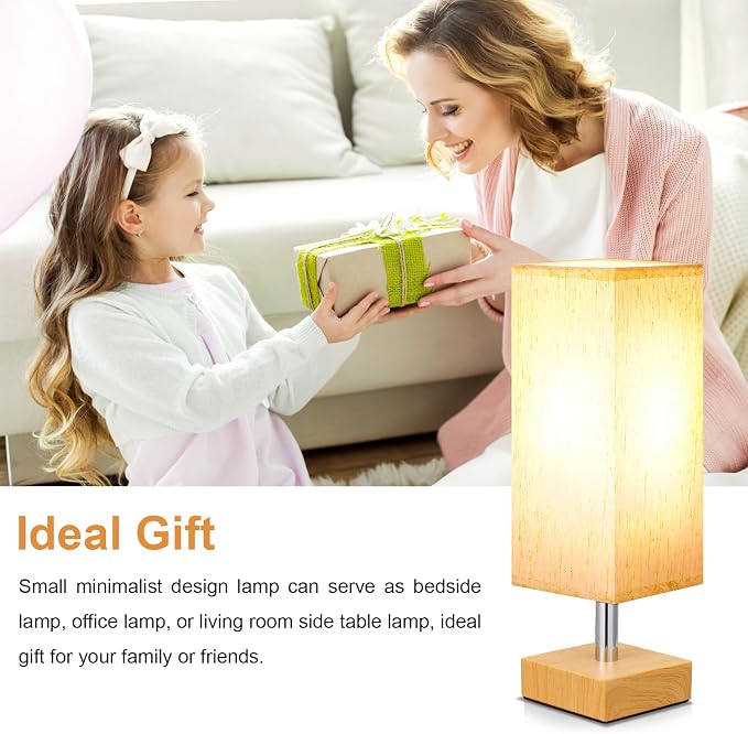 Wood-Grain Small Bedside Lamp for Bedroom - Square Cream Fabric Shade | Inline Rocker Switch, Corded Electric, Bulb Not Included, 12.8" Mini Table Lamp for Nightstand, Desk, Dorm, Office - Image 4