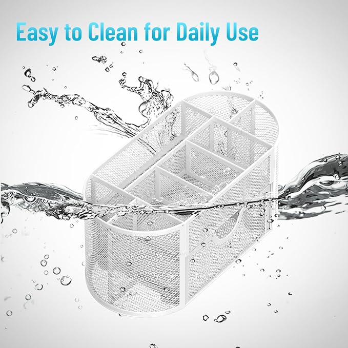 Mesh Desk Organizer with Drawer, 9-Compartment Pen Holder for Desk, White | Pull-Out Drawer Stores Pens, Pencils, Clips, Notes, and Small Office or School Supplies in One Compact Desk Caddy - Image 6