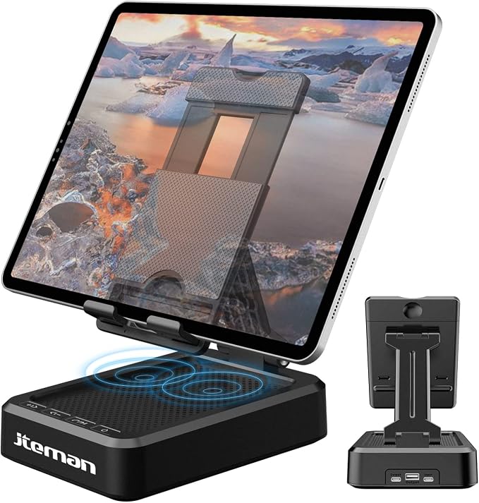JTEMAN Tablet Stand Adjustable with Bluetooth Speakers,Kitchen Gadgets,Gifts for Women Men,Wireless Bluetooth Speaker Tablet Holder,Desk Mic Charging Sation Compatible with Phones and Tablet by jteman