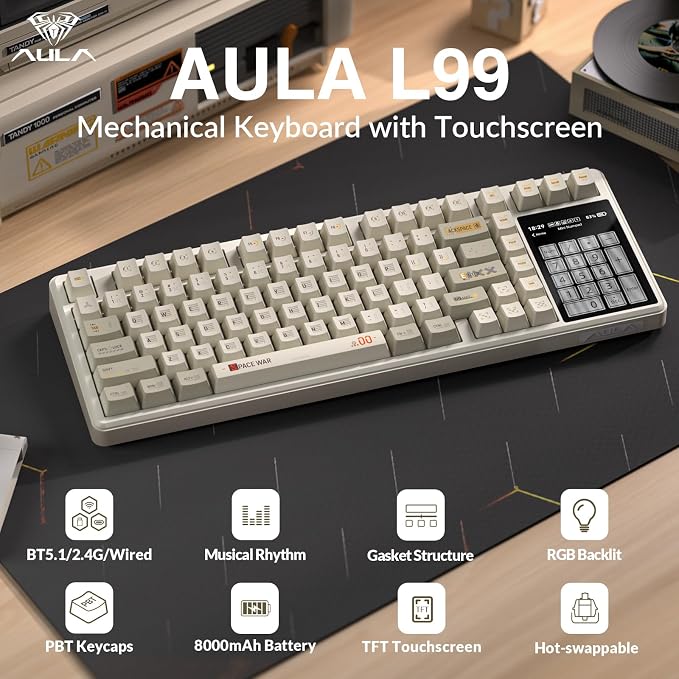 Aula L99 Wireless Mechanical Gaming Creamy Keyboard with Smart Touch Screen | Tri-Mode Hot Swappable Custom Keyboard,RGB Backlit,PBT Keycap,Gasket Mount Creamy Sounding Keyboards for Office PC,84 Keys - Image 2