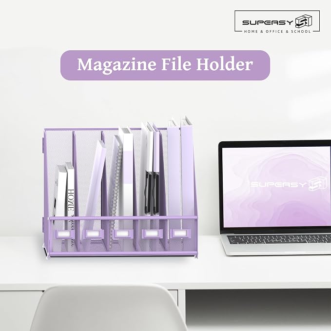 SUPEASY Desk Organizers Metal Desk Magazine File Holder with 5 Vertical Compartments Rack File Organizer for Office Desktop, Classroom, Home Workspace, Purple - Image 2