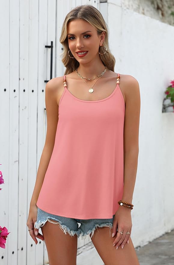 WIHOLL Tank Tops for Women Beaded Spaghetti Strap Cami Flowy Scoop Neck Sleeveless Summer Beach Vacation Spring Clothes - Image 3
