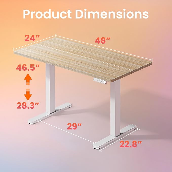 HUANUO 48x24 Inch Electric Standing Desk, Height Adjustable, Natural | Smooth Home Office Desk, 176lbs Capacity with 4 Memory Presets & Headphone Hooks. Easy to assemble Computer Gaming desk - Image 3