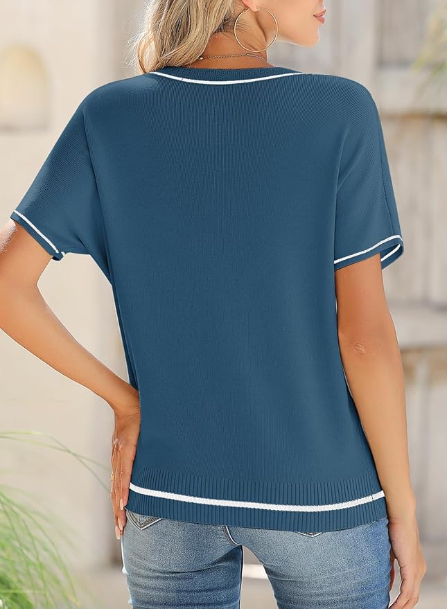 SHEWIN Womens Tops Trendy Short Sleeve Shirts Crewneck Lightweight Knit Sweater Top Business Casual Outfits - Image 3