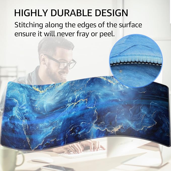 KTRIO Large Gaming Mouse Pad, Desk Mat, 31.5 x 11.8 in, Blue Marble, XL | Smooth Micro-Weave Surface, Artistic Pattern Design, Non-Slip Rubber Base, Durable Stitched Edges, Office & Home Use - Image 3