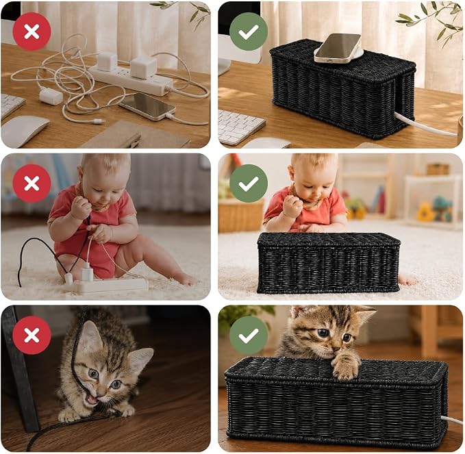 Cable Management Box, Handmade Rattan Cable Organizer with 2 Open Slots, Cord Hider for Power Strip, Router & USB Hub, Registered U.S. Design Patent (D1,112,102), 13" x 5.1" x 5.1", Black - Image 8