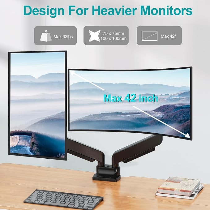 MOUNT PRO Dual Monitor Stand for Max 43 Inch Ultrawide Computer Screen, Premium Aluminum Heavy Duty Monitor Arm Holds 6.6lbs to 33lbs, Gas Spring Full Motion Display Desk Stand, VESA Mount - Image 4
