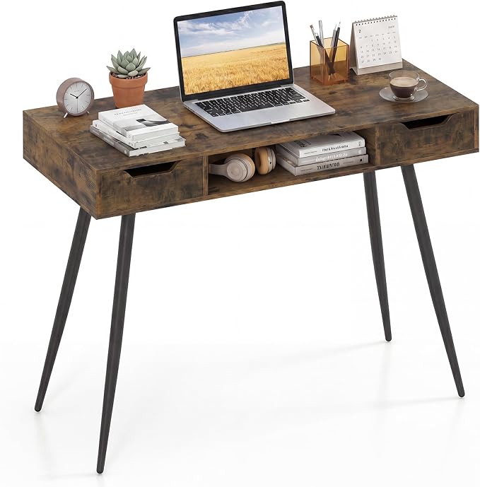 Giantex Mid Century Modern Computer Desk with Drawers, 42.5" Writing Desk with Open Storage Cubby, Vanity Table with Metal Leg, Compact Wooden Study Table for Small Spaces Home Office (Rustic Brown) by Giantex