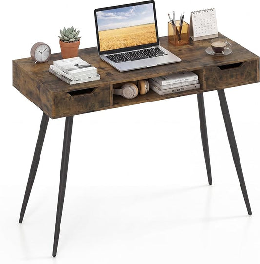 Giantex Mid Century Modern Computer Desk with Drawers, 42.5" Writing Desk with Open Storage Cubby, Vanity Table with Metal Leg, Compact Wooden Study Table for Small Spaces Home Office (Rustic Brown) by Giantex