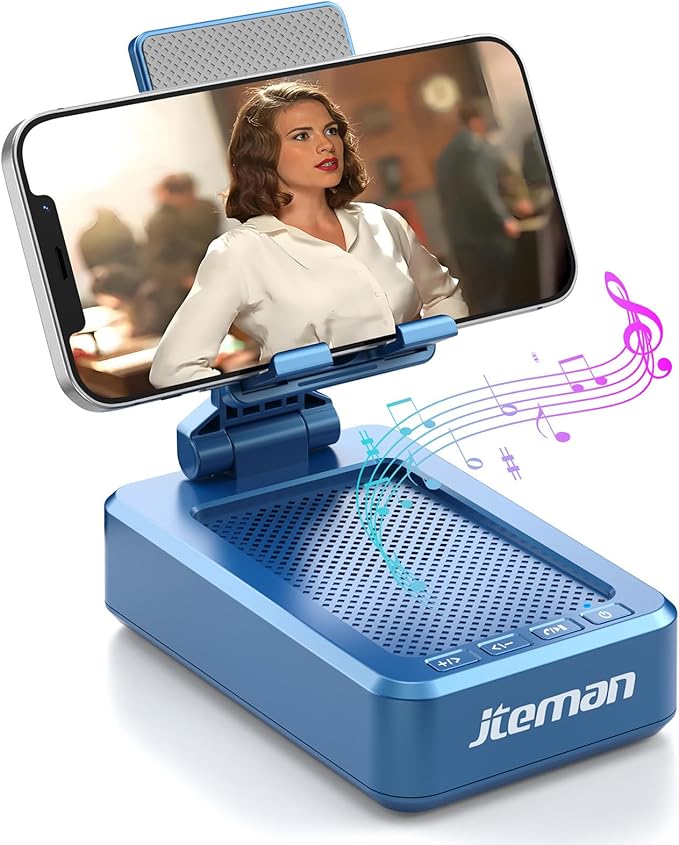 JTEMAN Cell Phone Stand with Bluetooth Speaker, HD Stereo Sound & Anti-Slip Base, Foldable Adjustable Desktop Phone Holder for Home Office, Cool Tech Gadgets Birthday Gifts for Men Women (Blue) by jteman