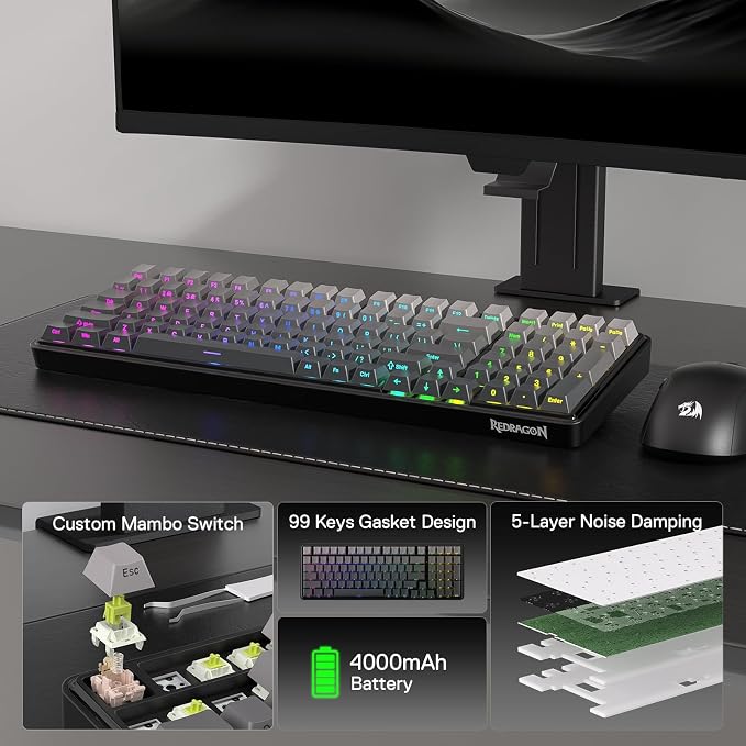 Redragon K744 GB PRO 99 Keys Wireless Gasket RGB Gaming Keyboard, 3-Mode Mechanical Keyboard w/Hot-Swap Socket, Gradient PBT Keycaps & 5-Layer Noise Dampening, Custom Linear Switch - Image 2