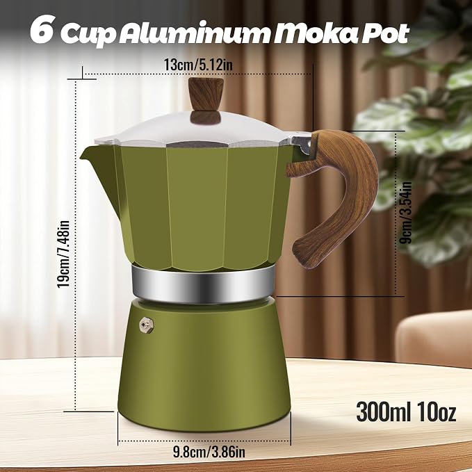 6 Cup Aluminum Moka Pot Classic Stovetop Espresso Coffee Maker 300ml 10oz Coffeemaker Percolator Mocha Pot Greca Coffee Maker Cafe Makers for Italian and Cuban Café Brewing Green - Image 2