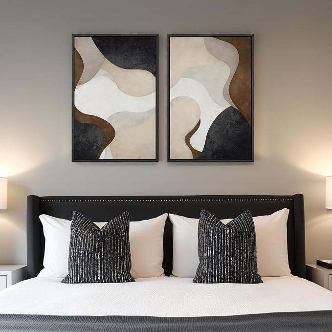 Framed Neutral Abstract Minimalist Wall Art Set of 2, Modern Canvas Prints Paintings Artwork for Walls, Black Beige Brown Abstract Art Pictures for Bedroom Living Room Dining Room Wall Decor 16x24 In - Image 2