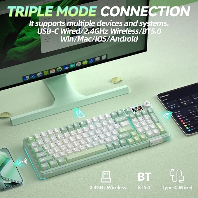 SOLAKAKA A99 Pro Wireless Mechanical Keyboard with BT5.0/2.4GHz/USB-C, LCD Screen & Metal Knob, Gasket-Mounted Gaming Keyboard, Full Hot-Swappable, RGB Creamy Keyboard for Win/Mac - Image 3