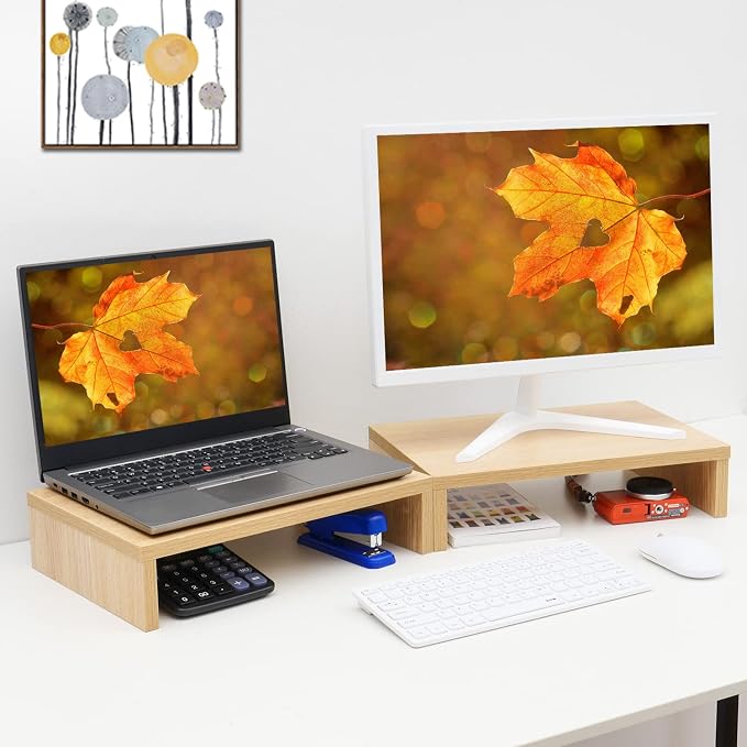 TEAMIX Wood Monitor Stand Riser - 2 Pack Adjustable Dual Monitor Riser for Laptop/PC - Image 8