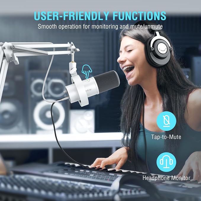 FIFINE AmpliTank K688CTW Dynamic Microphone with Boom Arm, XLR/USB Mic | Studio Vocal Podcast Mic Kit for PC, with Mute Button, Volume Knob, Headphone Jack, for Streaming Recording, White - Image 6