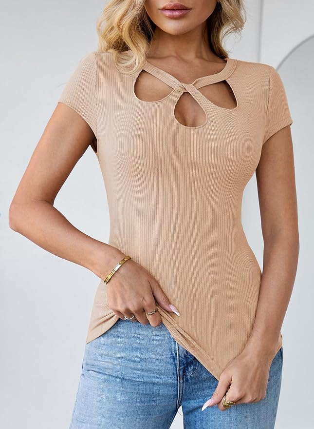 Pink Queen Sexy Tops for Women Cutout Keyhole Neck Cap Sleeve Shirts Casual Summer Clothes 2026 Fashion - Image 3