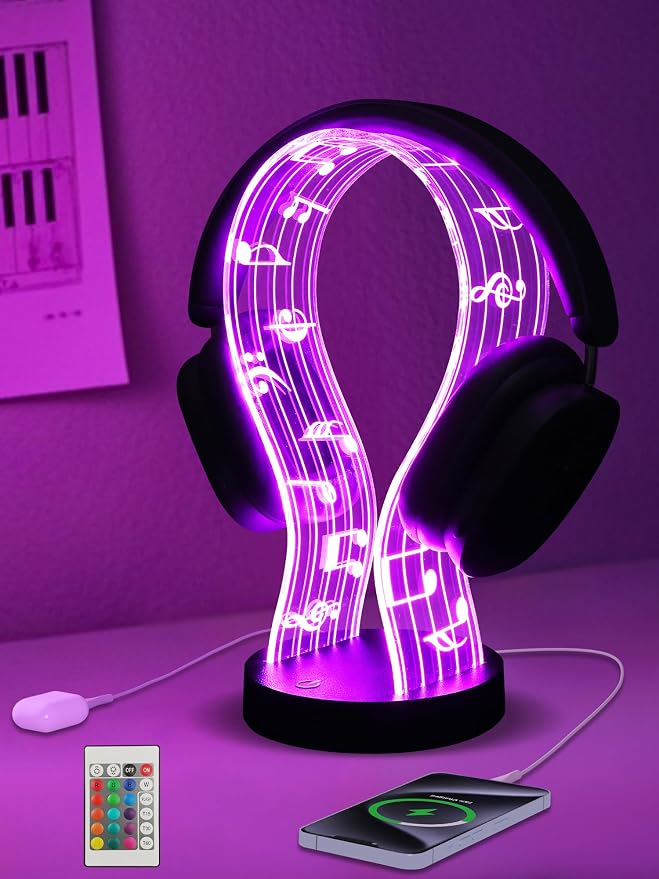 CoolGift Mart Light Up Headphone Stand with 16 Color Lights, Music Notes Pattern Acrylic Headset Stand with 1 USB and 1 Type-C Charging Ports, Gifts for Gamers Men and Music Lovers by CoolGiftMart