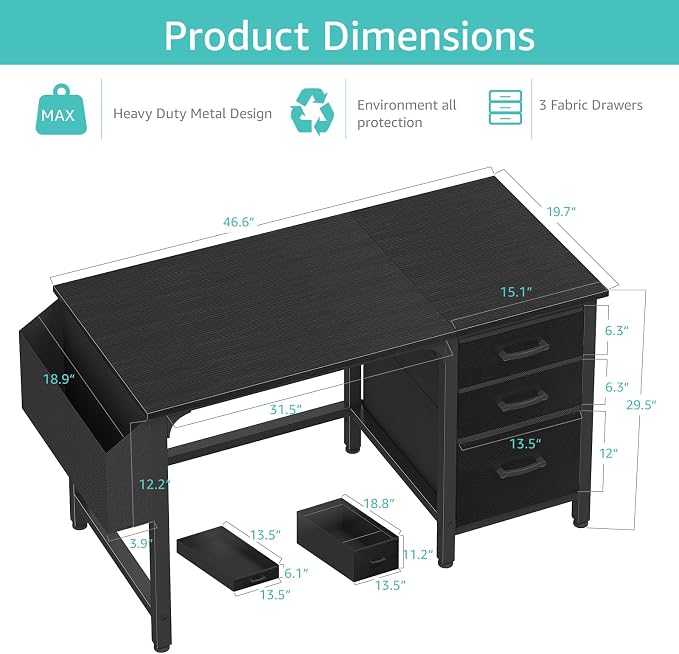Lufeiya Computer Desk with File Drawers Cabinet, 47 Inch Reversible Home Office Desks with Filing Cabinet for Small Space, Gaming Study Writing Table PC Desks, Black - Image 3