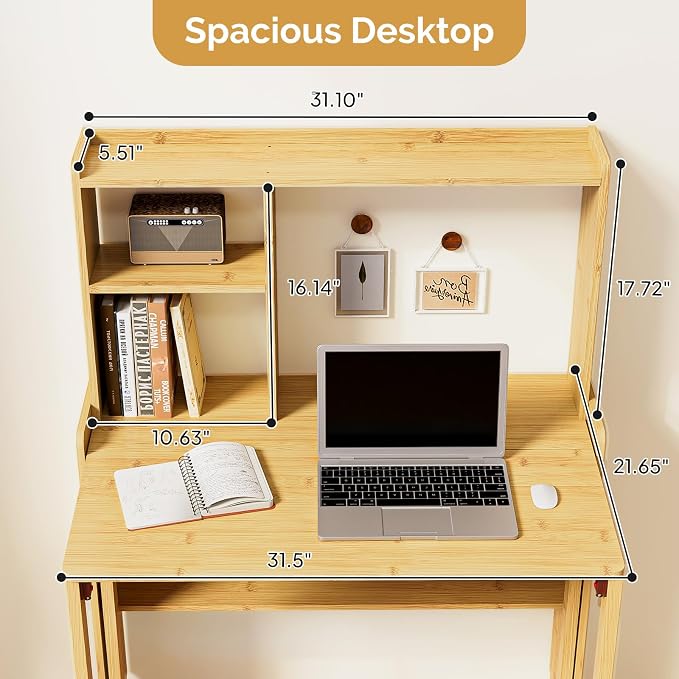 Folding Desk with Bookshelf, Compact Foldable Desk for Small Spaces,Natural | Bamboo Computer Desk with Storage Shelf, Space-Saving Home Office Desk with Hutch for Bedroom, Dorm, Apartment - Image 2