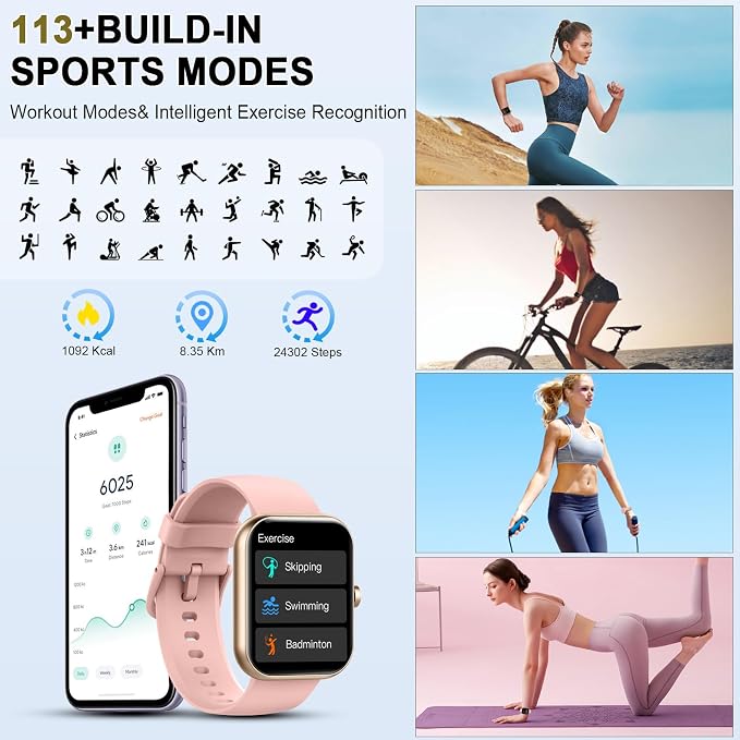 Smart Watch for Women (Answer/Make Call), 1.96"HD Smartwatch with Heart Rate/Sleep Monitor/Pedometer, 113+ Sports Modes, 2026 New Fitness Watch IP68 Waterproof, Activity Tracker for Android iOS-Pink - Image 4