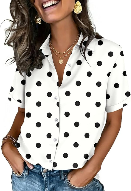 Zeagoo Button Down Shirts for Women Short Sleeve Collared Tops Dressy Casual V Neck Blouses by Zeagoo