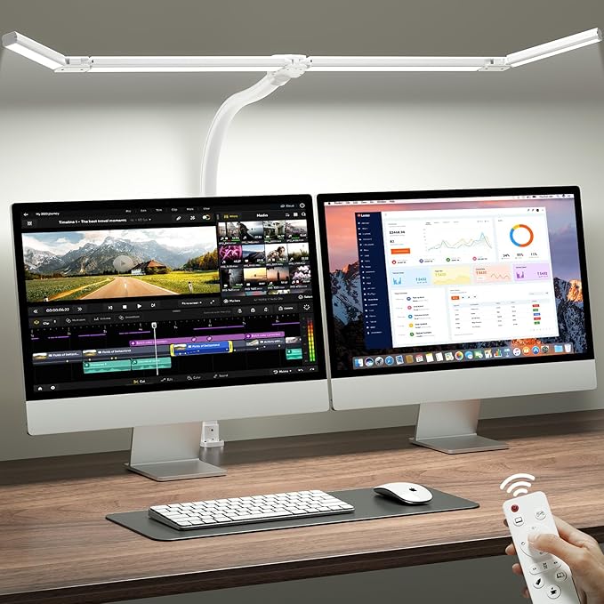 ONEMIX 42" LED Desk Lamp with Clamp, Architect Desk Light with Remote, Adjustable 4-Segment Bar, 1800LM Bright, Eye-Caring Desk Lamp for Home Office, Reading, Study, Dual Monitors, Workbench (White) by DeskLamp