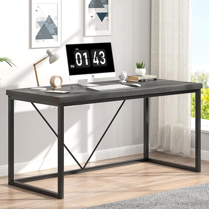 EXCEFUR Modern Home Office Desk, Wood and Metal Computer Desk, Industrial Writing Study Gaming Table for Living Room Bedroom, Rustic Grey, 53 inch - Image 5