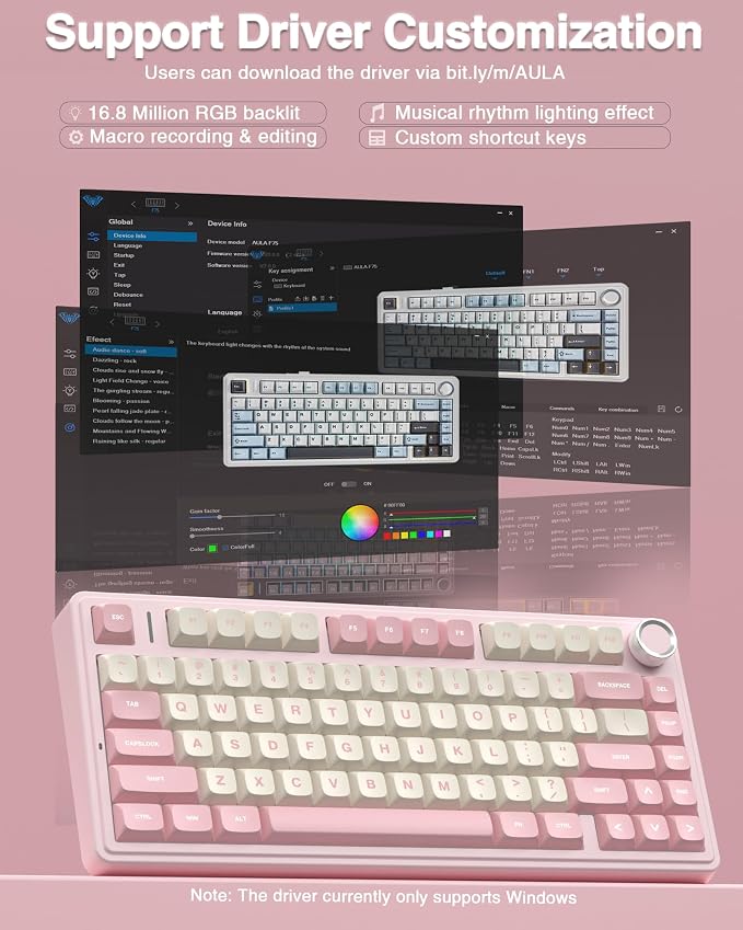 AULA F75 75% Wireless Mechanical Keyboard, Hot Swappable Pink Creamy Keyboard, Pre-lubed Linear Switches, PBT Keycaps, 2.4GHz/Type-C/BT5.0, RGB Backlit Computer Gaming Keyboards for Office/Laptop/PC - Image 7