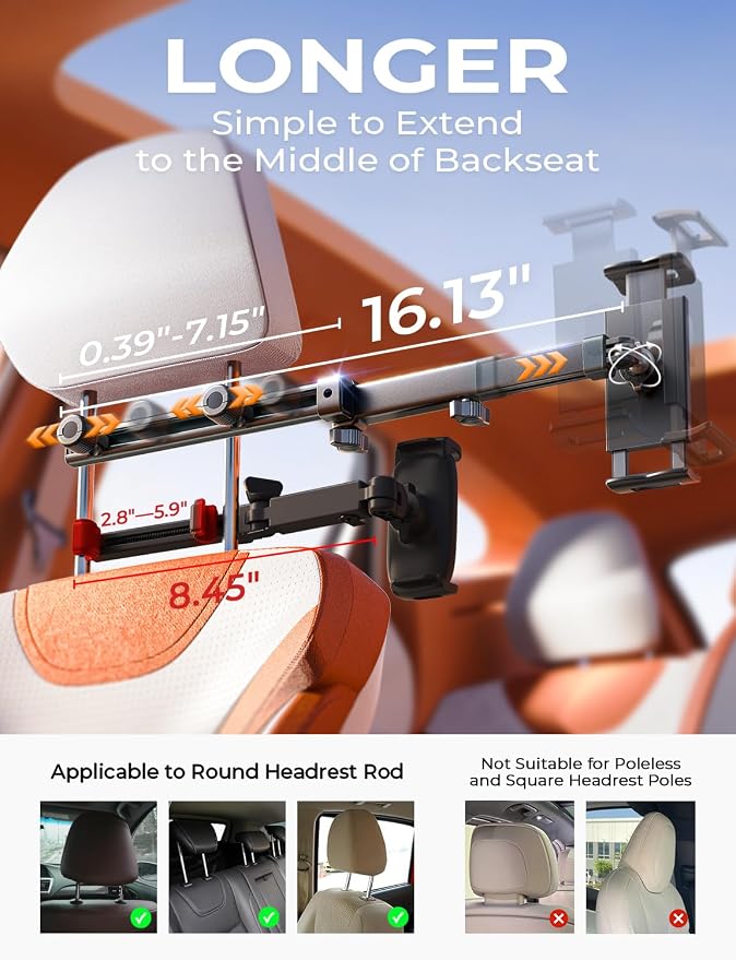 LISEN for iPad Holder Car Tablet Mount, Road Trip Essentials Toddler Kids Travel Gifts, Car Accessories for Women Interior Organizer Mens Truck 3in1 Tablet Holder for Car Camping Back Seat Headrest - Image 8